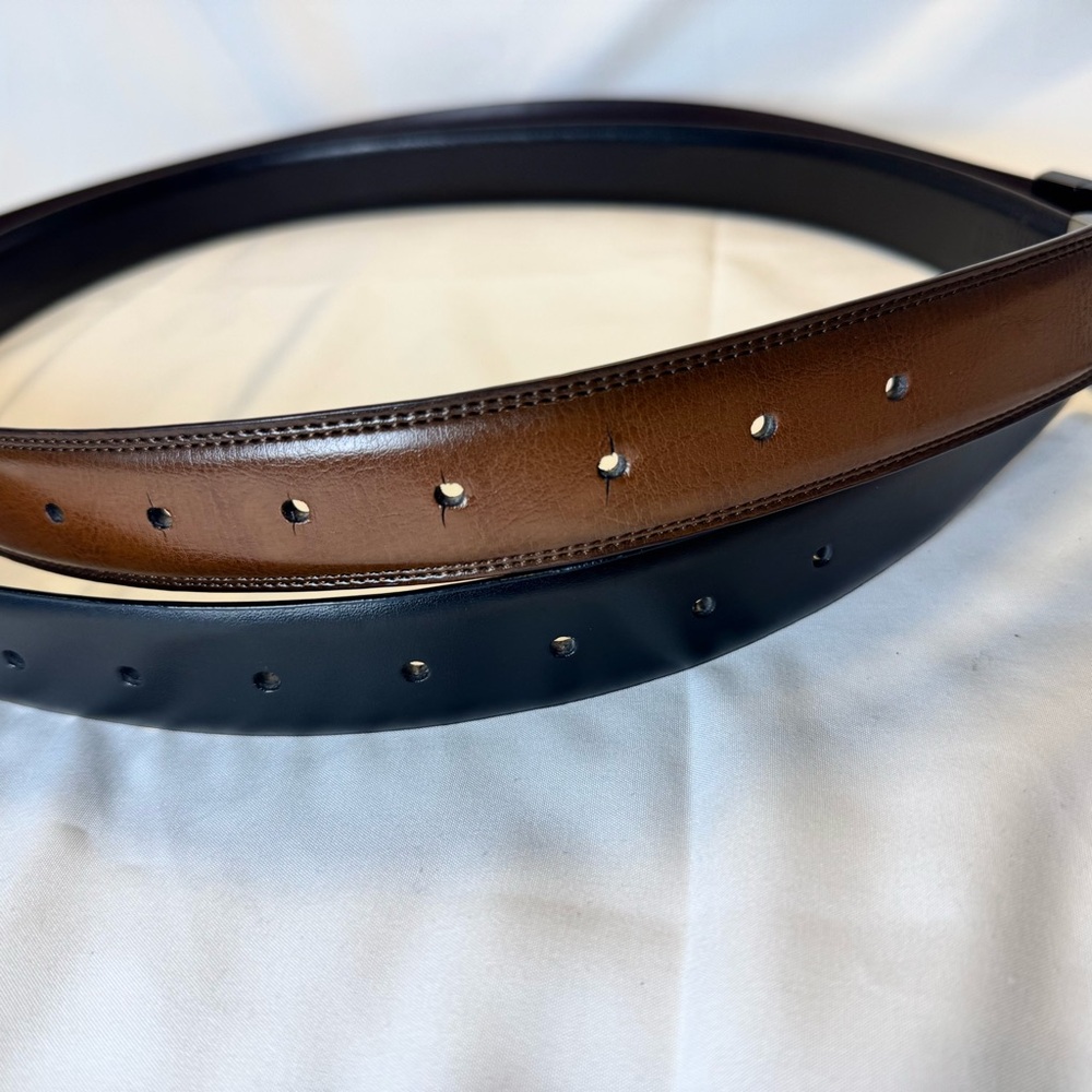 Two Perry Ellis Brown/Black Leather Reversible Belts - Black/Gunmetal 30/32 - Picture 11 of 13